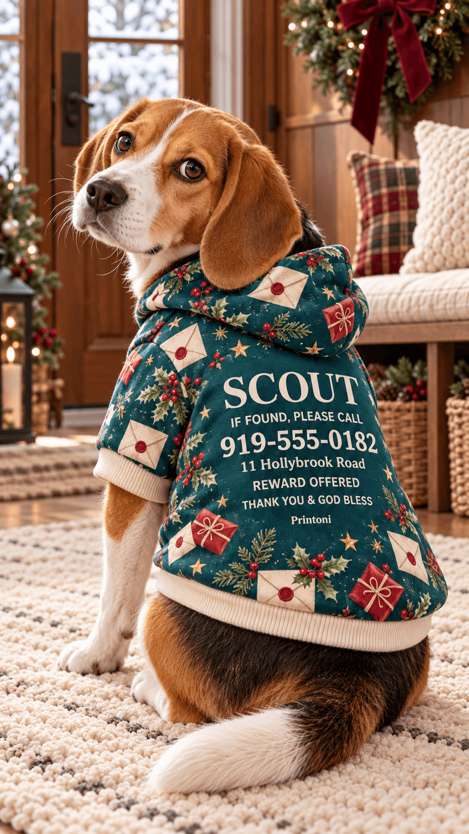 Custom Pet Hoodie with Name & Phone Number, Personalized Christmas Dog Cat Jacket, Holiday Pet Safety Gift