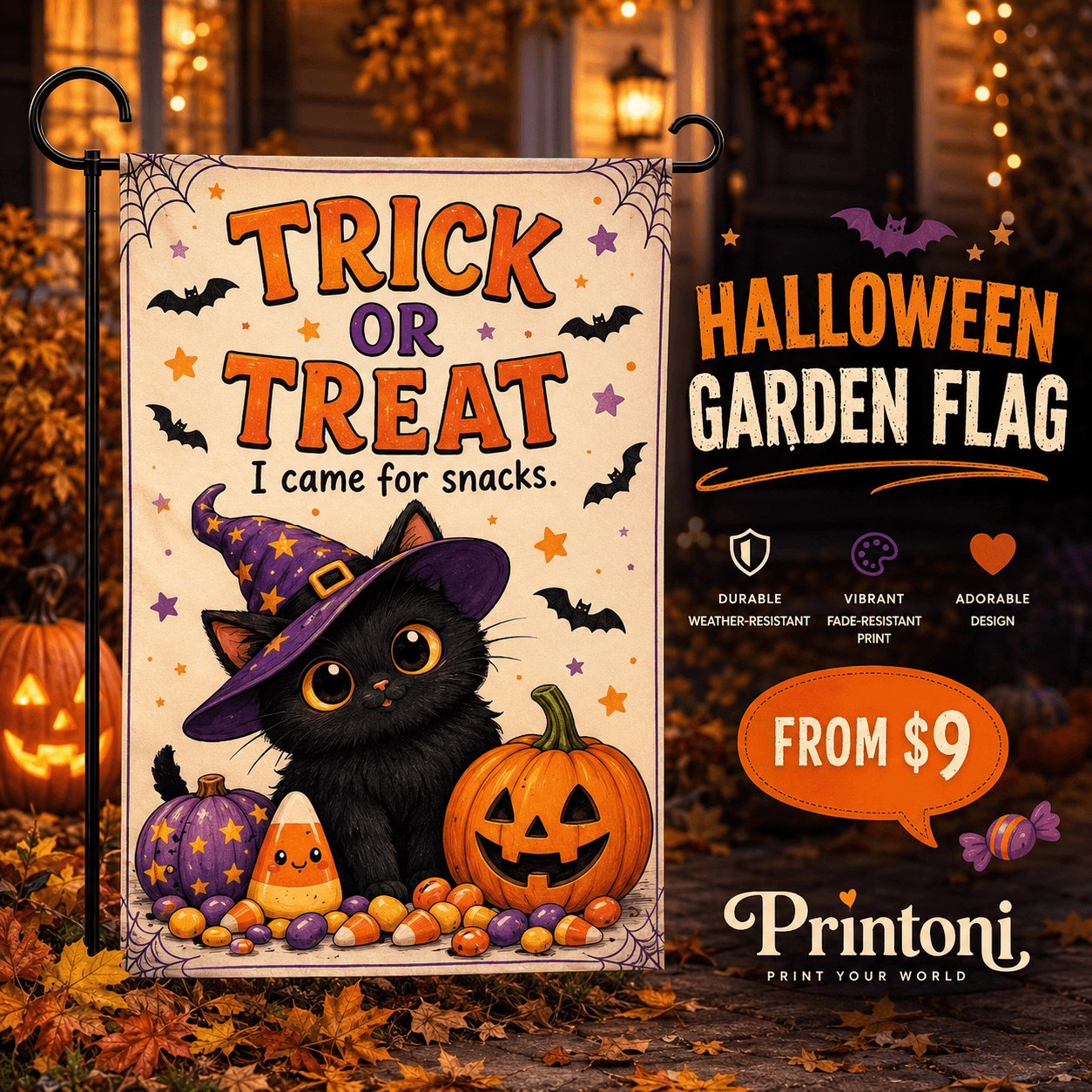 Halloween Black Cat Garden Flag, Trick or Treat Yard Flag, Cute Witch Cat Outdoor Decor, Fall Porch Sign, Cat Lover Gift