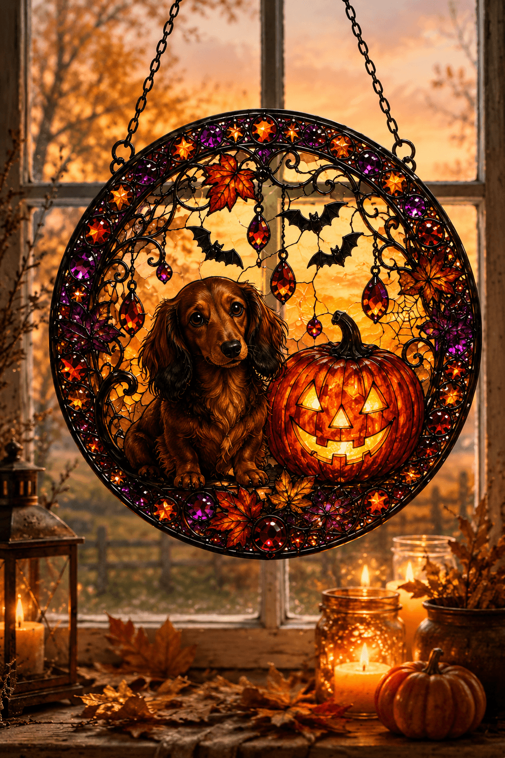 Halloween Dog Suncatcher, Stained Glass Style Puppy Witch Window Hanging, Fall Acrylic Sun Catcher, Halloween Decor Dog Lover Gift