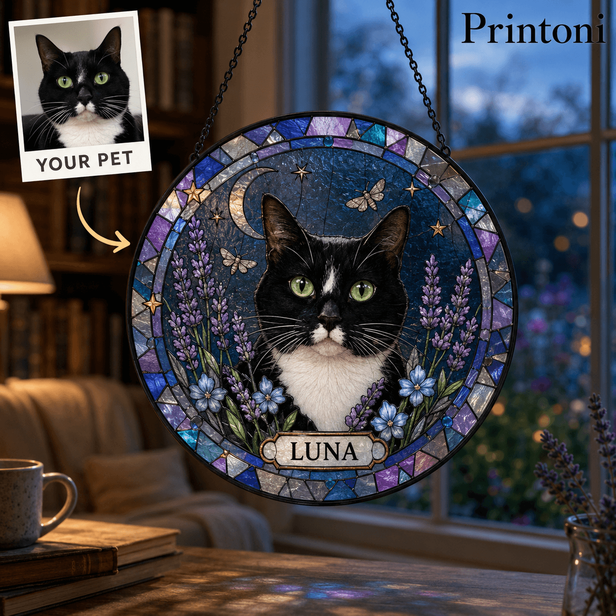 Custom Pet Suncatcher from Photo, Personalized Stained Glass Style Dog Cat Window Hanging with Name, Pet Memorial Gift, Pet Lover Gift