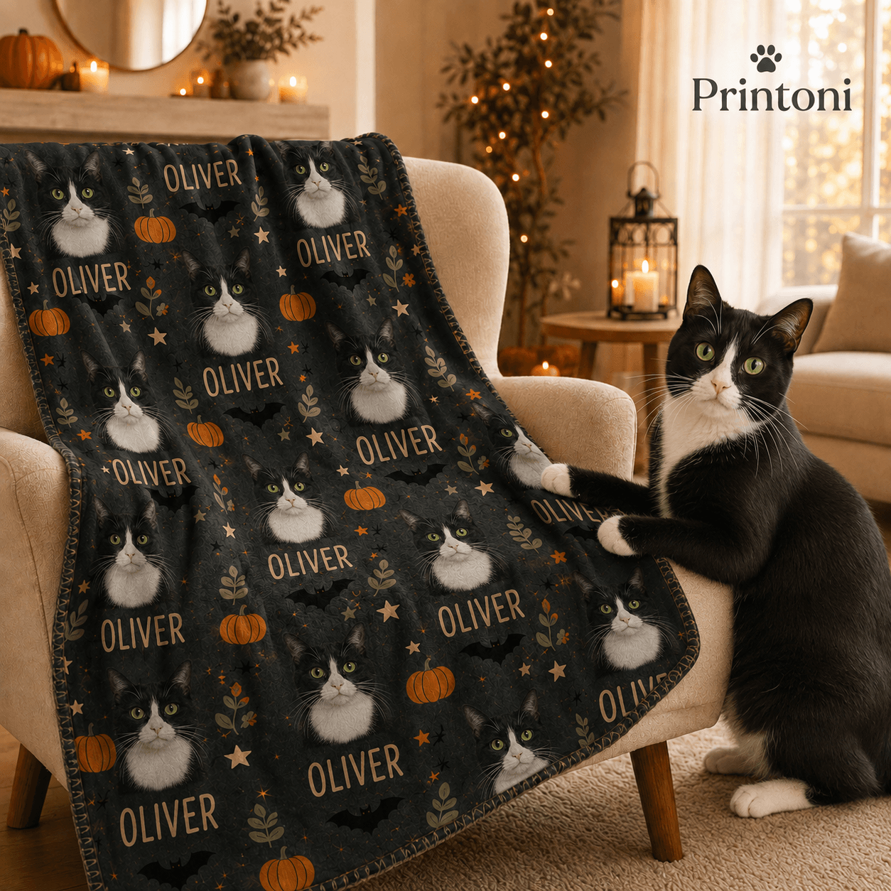 Custom Dog Blanket from Photo, Personalized Halloween Pet Name Blanket, Fall Gift for Dog Lovers
