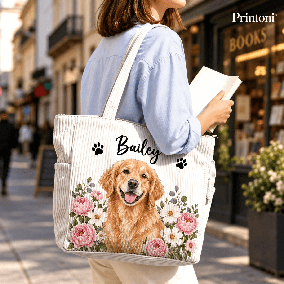 Custom Pet Corduroy Tote Bag with Name, Personalized Dog & Cat Portrait Bag, Pet Lover Gift