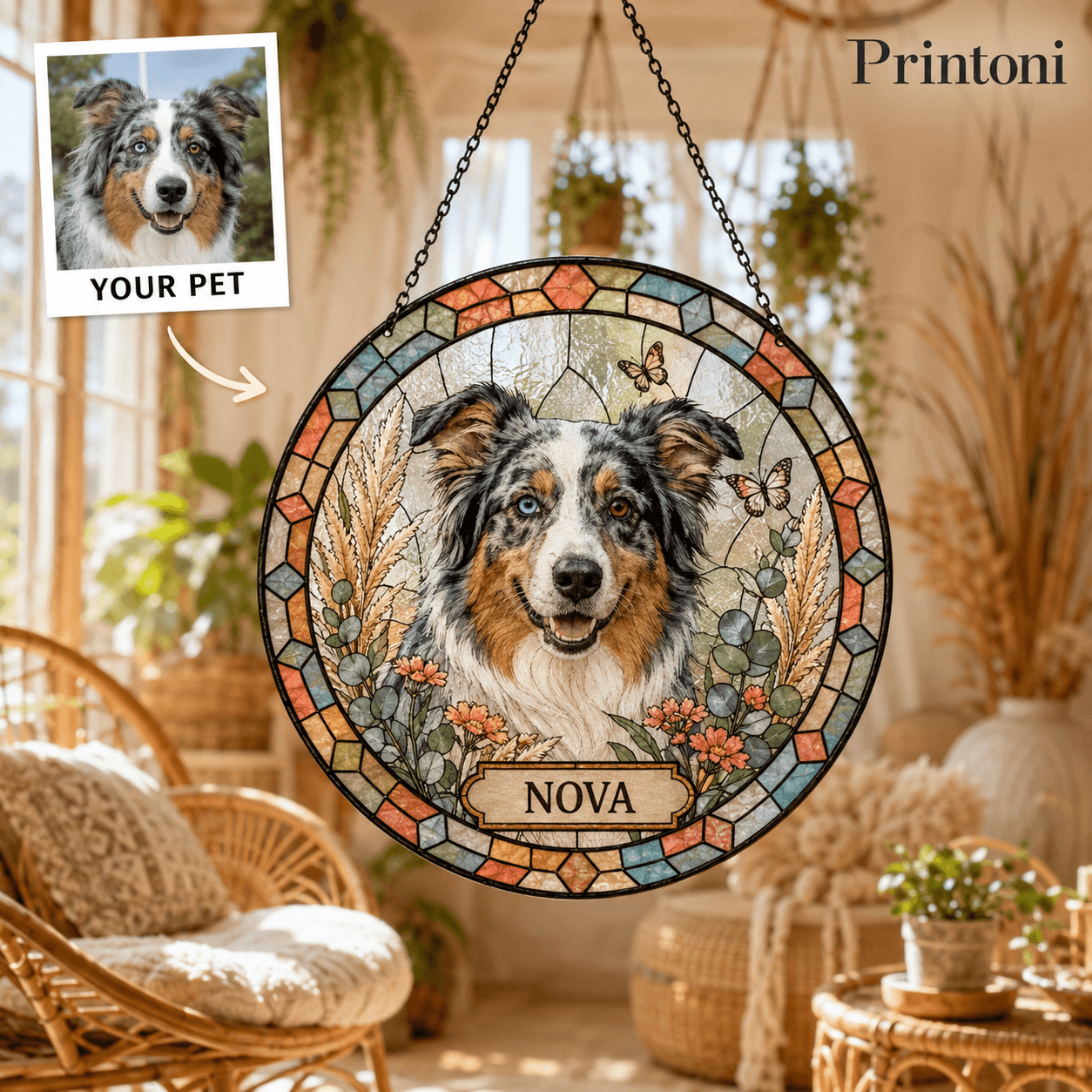 Custom Pet Suncatcher from Photo, Personalized Stained Glass Style Dog Cat Window Hanging with Name, Pet Memorial Gift, Pet Lover Gift