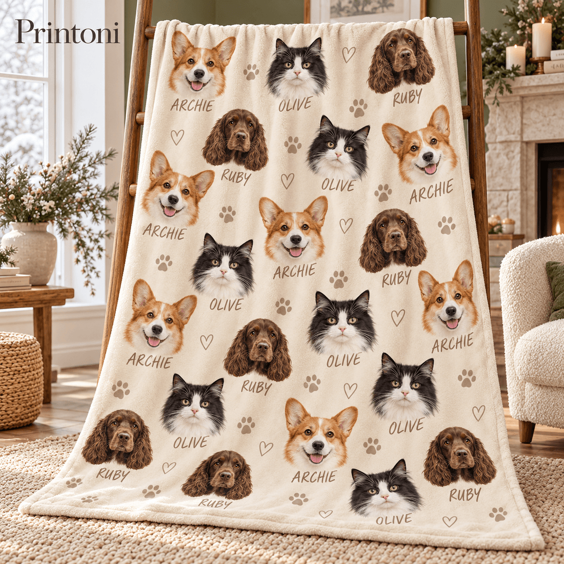 Custom Pet Face Blanket from Photo, Personalized Dog & Cat Name Blanket, Pet Lover Gift