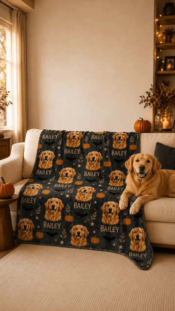 Custom Dog Blanket from Photo, Personalized Halloween Pet Name Blanket, Fall Gift for Dog Lovers