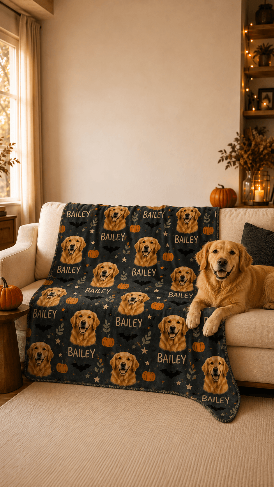 Custom Dog Blanket from Photo, Personalized Halloween Pet Name Blanket, Fall Gift for Dog Lovers