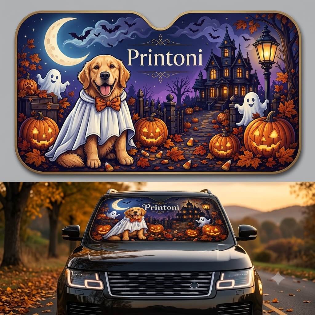 Custom Halloween Pet Car Sun Shade from Photo, Personalized Dog Cat Windshield Sunshade, Spooky Pet Lover Car Accessory Gift
