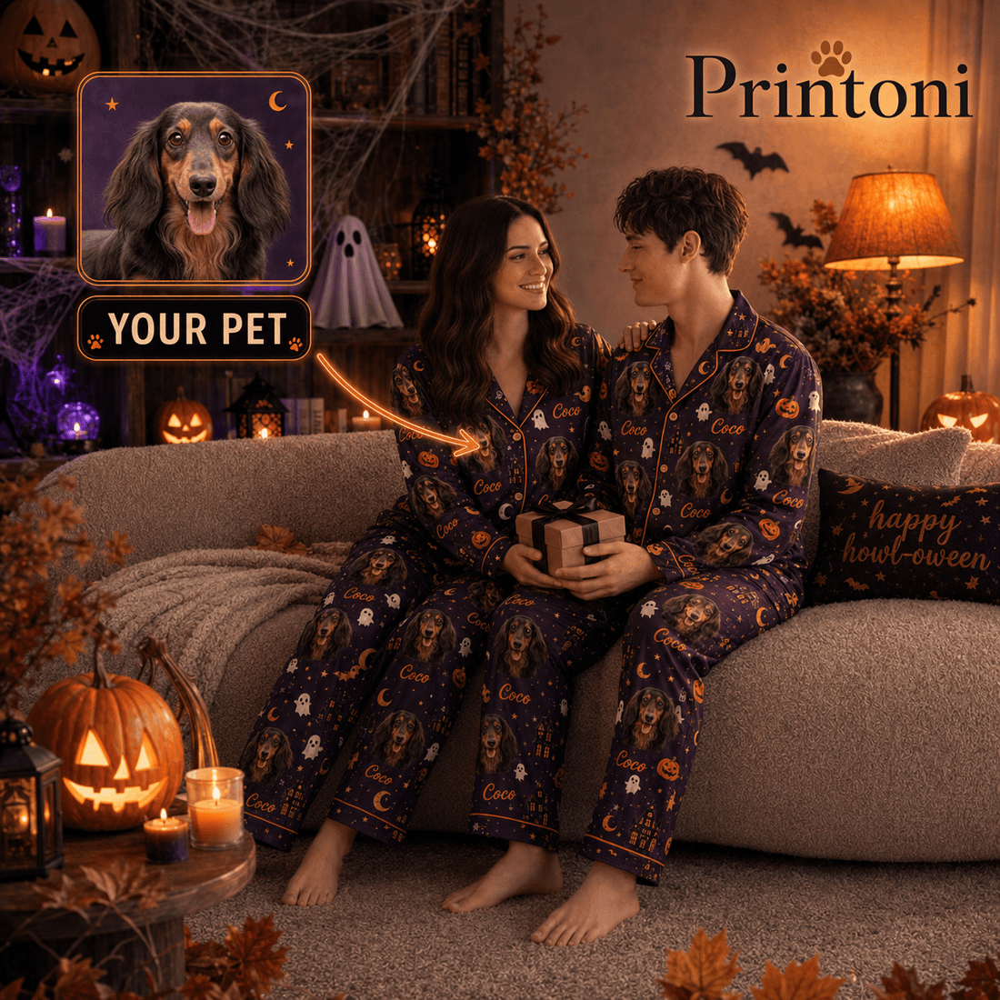 Custom Halloween Pet Pajamas from Photo, Personalized Dog Cat Face & Name PJs, Matching Couple Spooky Pajama Set, Pet Lover Gift