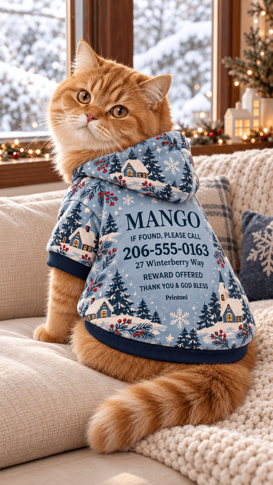 Custom Pet Hoodie with Name & Phone Number, Personalized Christmas Dog Cat Jacket, Holiday Pet Safety Gift