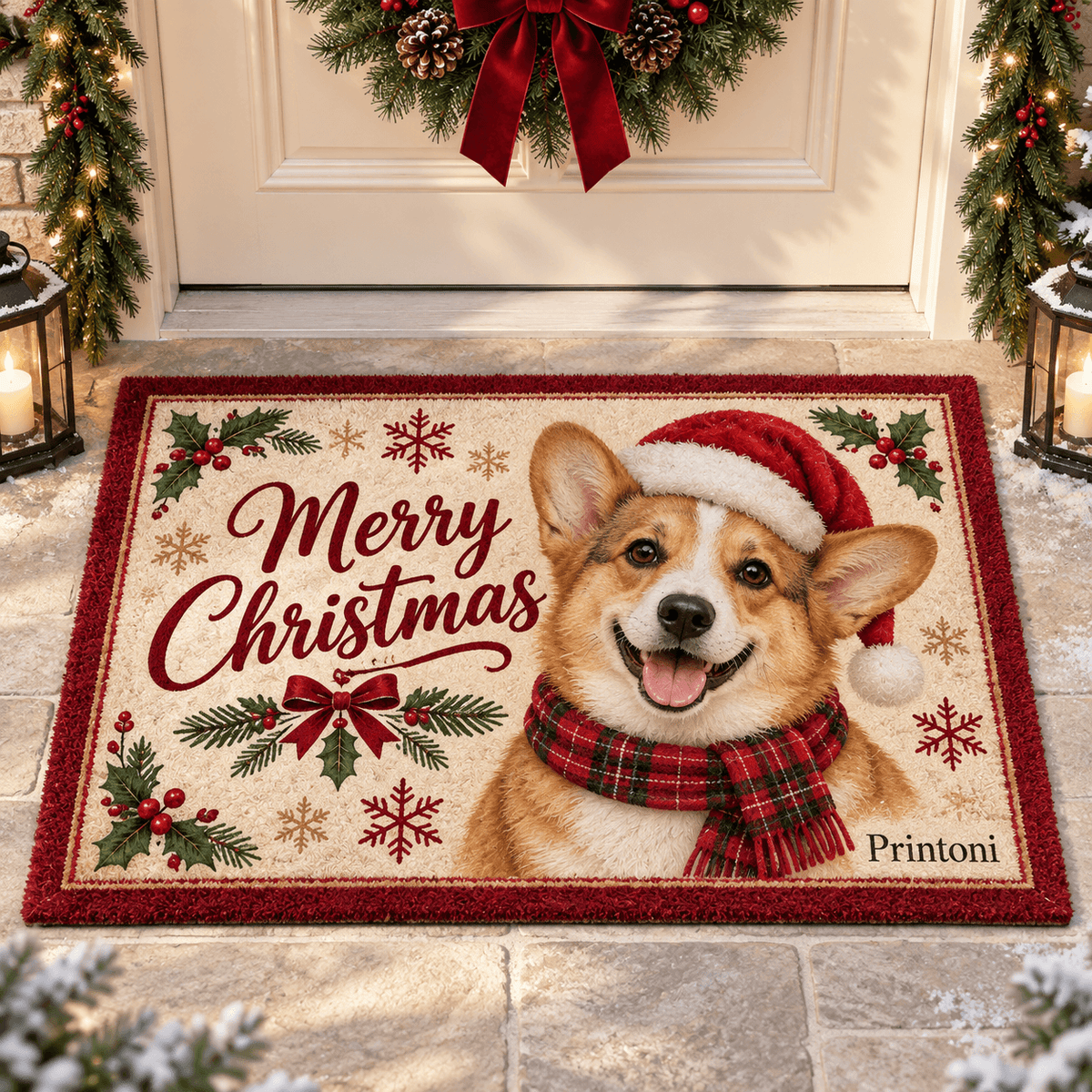 Custom Pet Christmas Doormat, Personalized Dog & Cat Photo Welcome Mat, Holiday Gift for Pet Lovers