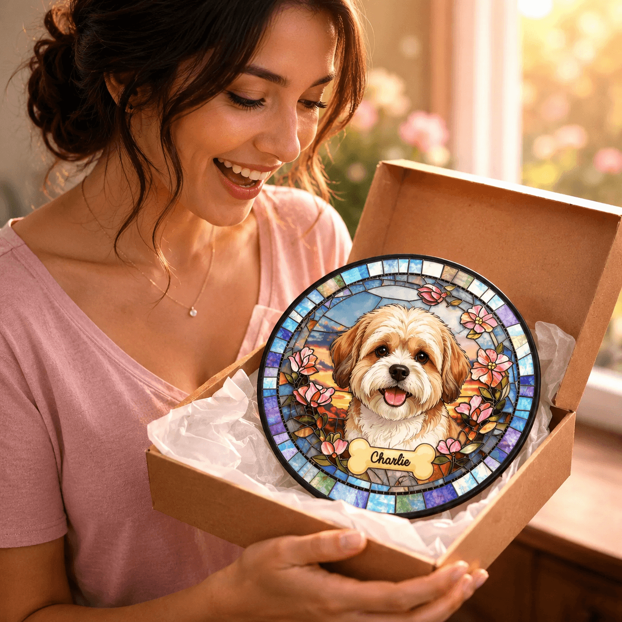 Custom Dog Stained Glass Suncatcher from Photo – Personalized Pet Memorial Window Decor