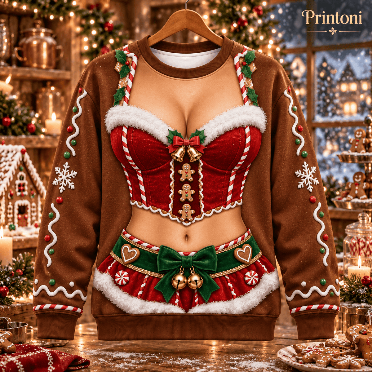 Couples Ugly Christmas Sweater Set, Funny Mrs Claus & Muscle Elf Costume Print, His and Hers Matching Xmas Sweaters