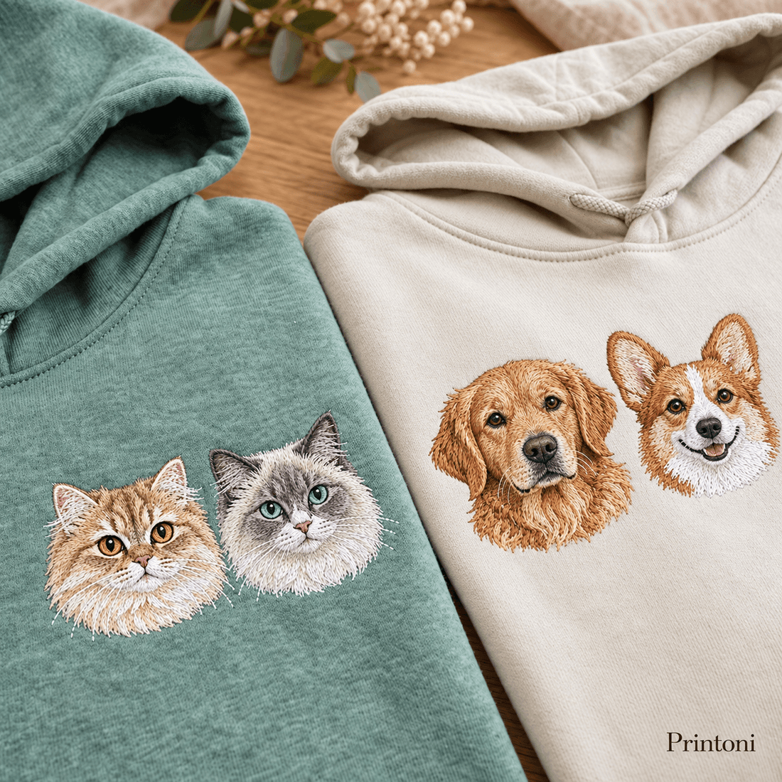Custom Cat Face Embroidered Hoodie, Personalized Pet Portrait Sweatshirt with Name, Gift for Cat Lovers