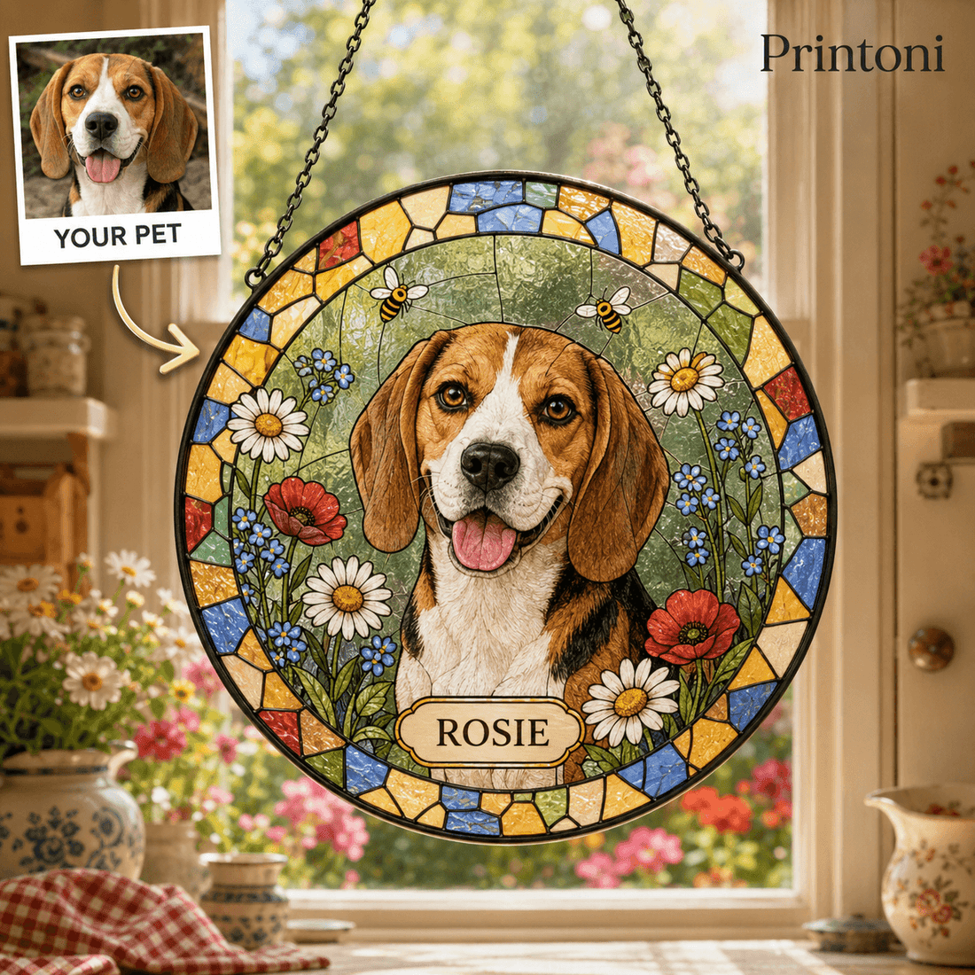 Custom Pet Suncatcher from Photo, Personalized Stained Glass Style Dog Cat Window Hanging with Name, Pet Memorial Gift, Pet Lover Gift