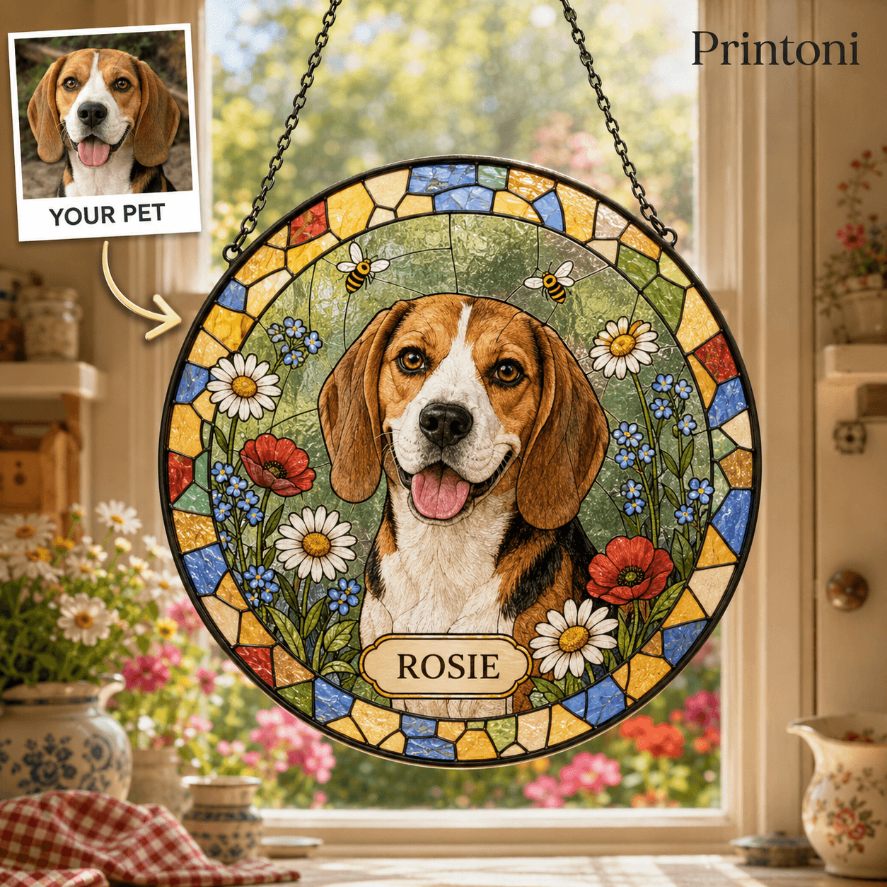 Custom Pet Suncatcher from Photo, Personalized Stained Glass Style Dog Cat Window Hanging with Name, Pet Memorial Gift, Pet Lover Gift