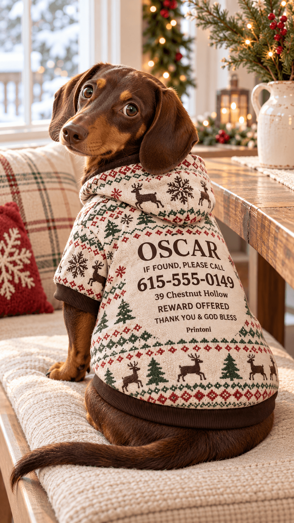 Custom Pet Hoodie with Name & Phone Number, Personalized Christmas Dog Cat Jacket, Holiday Pet Safety Gift