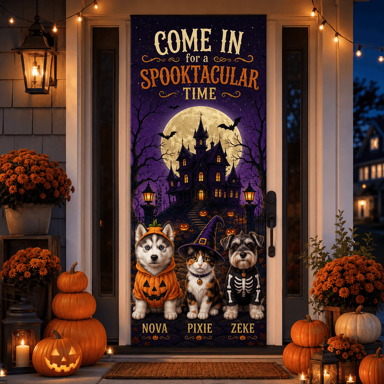 Custom Halloween Pet Door Cover with Names, Personalized Dog Cat Halloween Door Banner, Spooky Porch Decor, Pet Lover Halloween Gift