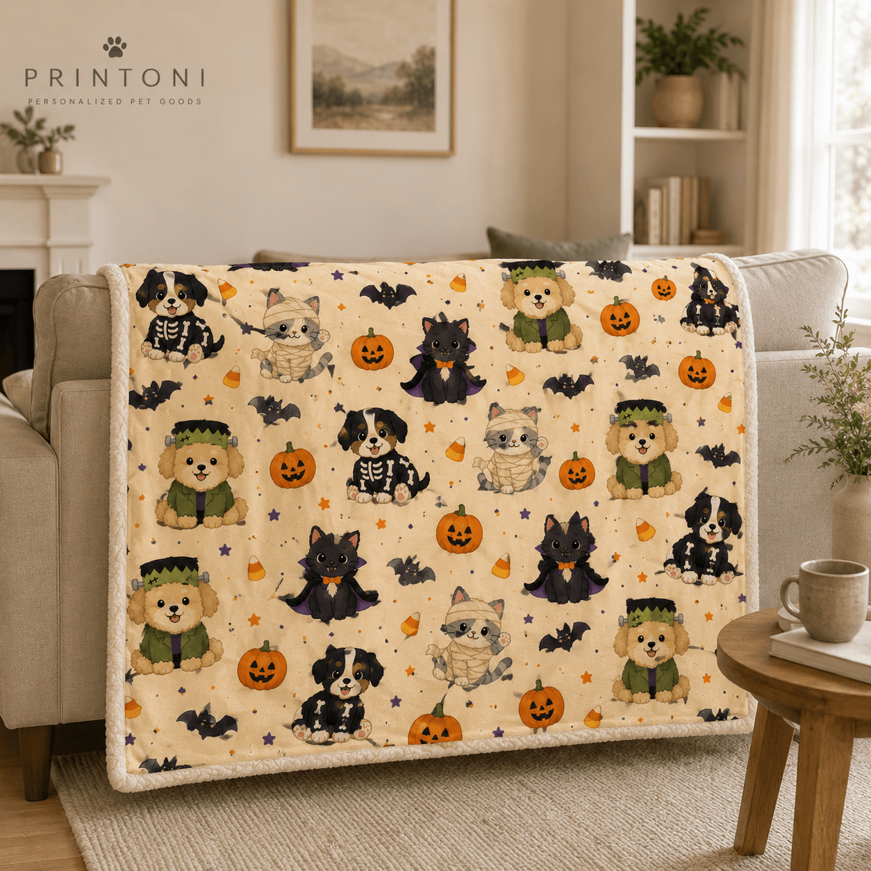 Custom Halloween Pet Blanket from Photo, Personalized Dog Cat Face & Name Throw, Spooky Pet Costume Blanket, Pet Lover Gift