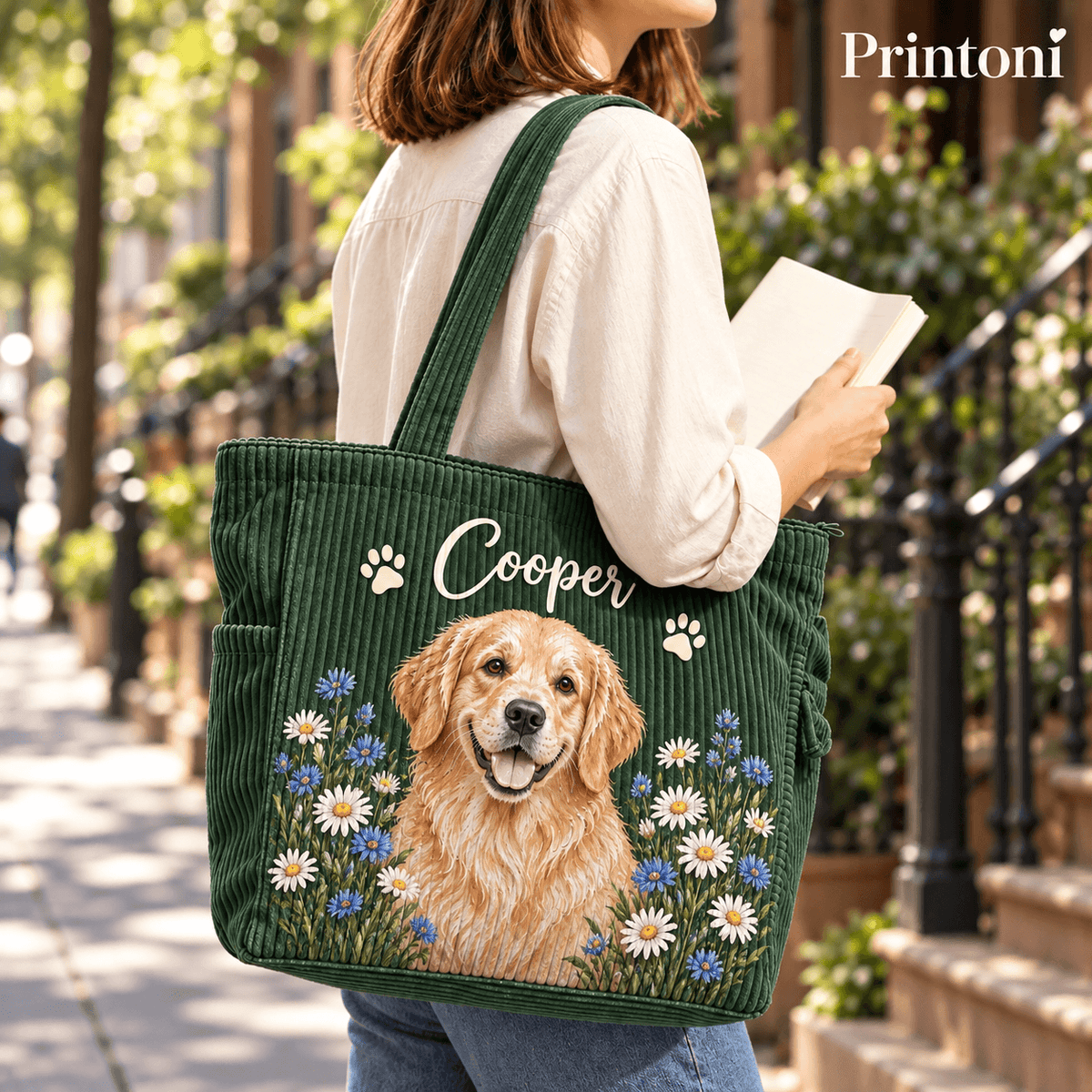 Custom Pet Corduroy Tote Bag with Name, Personalized Dog & Cat Portrait Bag, Pet Lover Gift
