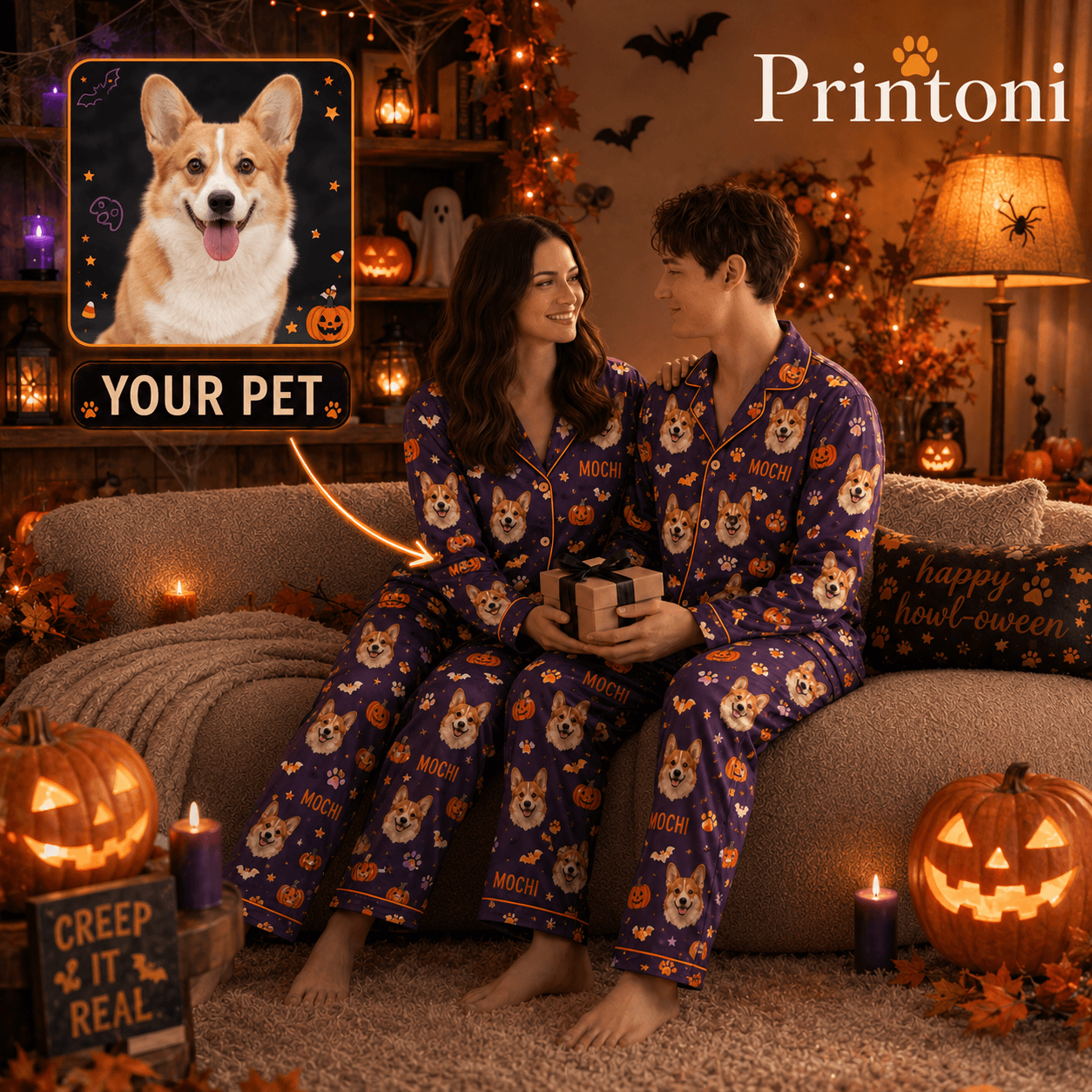 Custom Halloween Pet Pajamas from Photo, Personalized Dog Cat Face & Name PJs, Matching Couple Spooky Pajama Set, Pet Lover Gift
