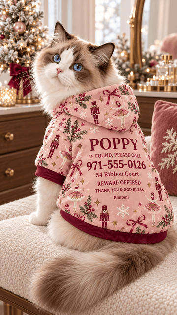 Custom Pet Hoodie with Name & Phone Number, Personalized Christmas Dog Cat Jacket, Holiday Pet Safety Gift