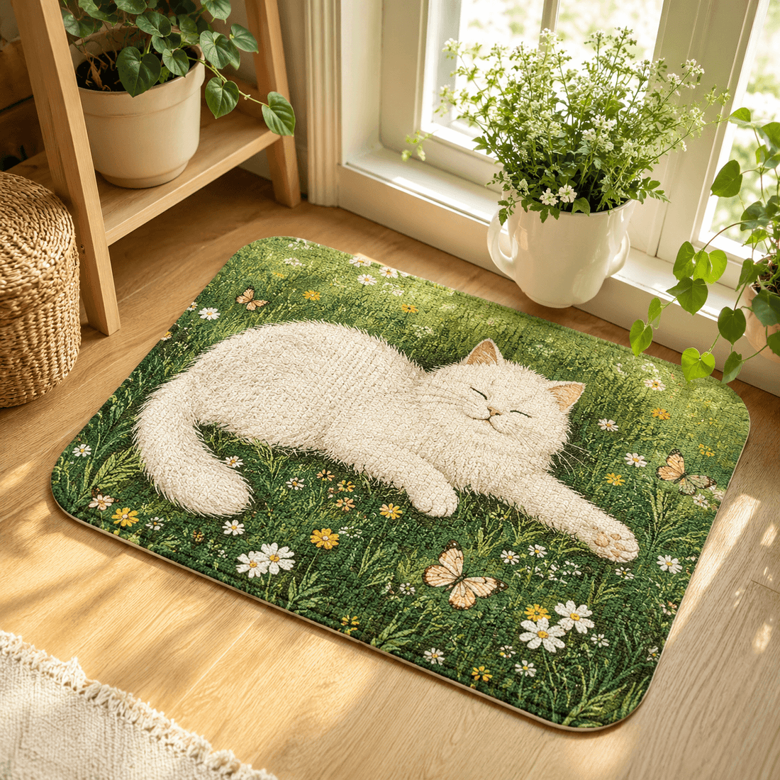Cute Cottagecore Cat Doormat – Cozy Orange Tabby Door Mat, Cat Lover Gift Home Decor