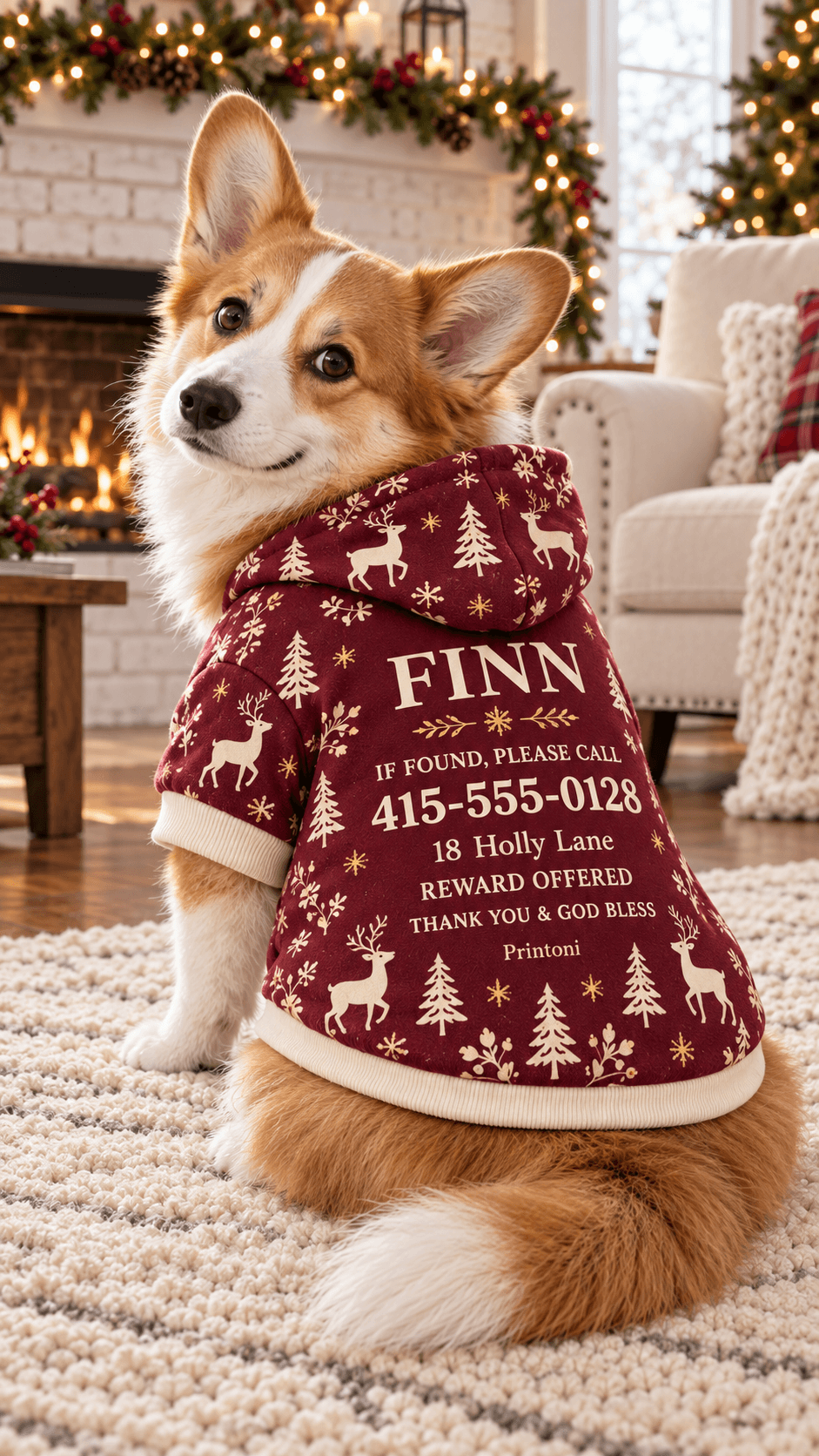 Custom Pet Hoodie with Name & Phone Number, Personalized Christmas Dog Cat Jacket, Holiday Pet Safety Gift