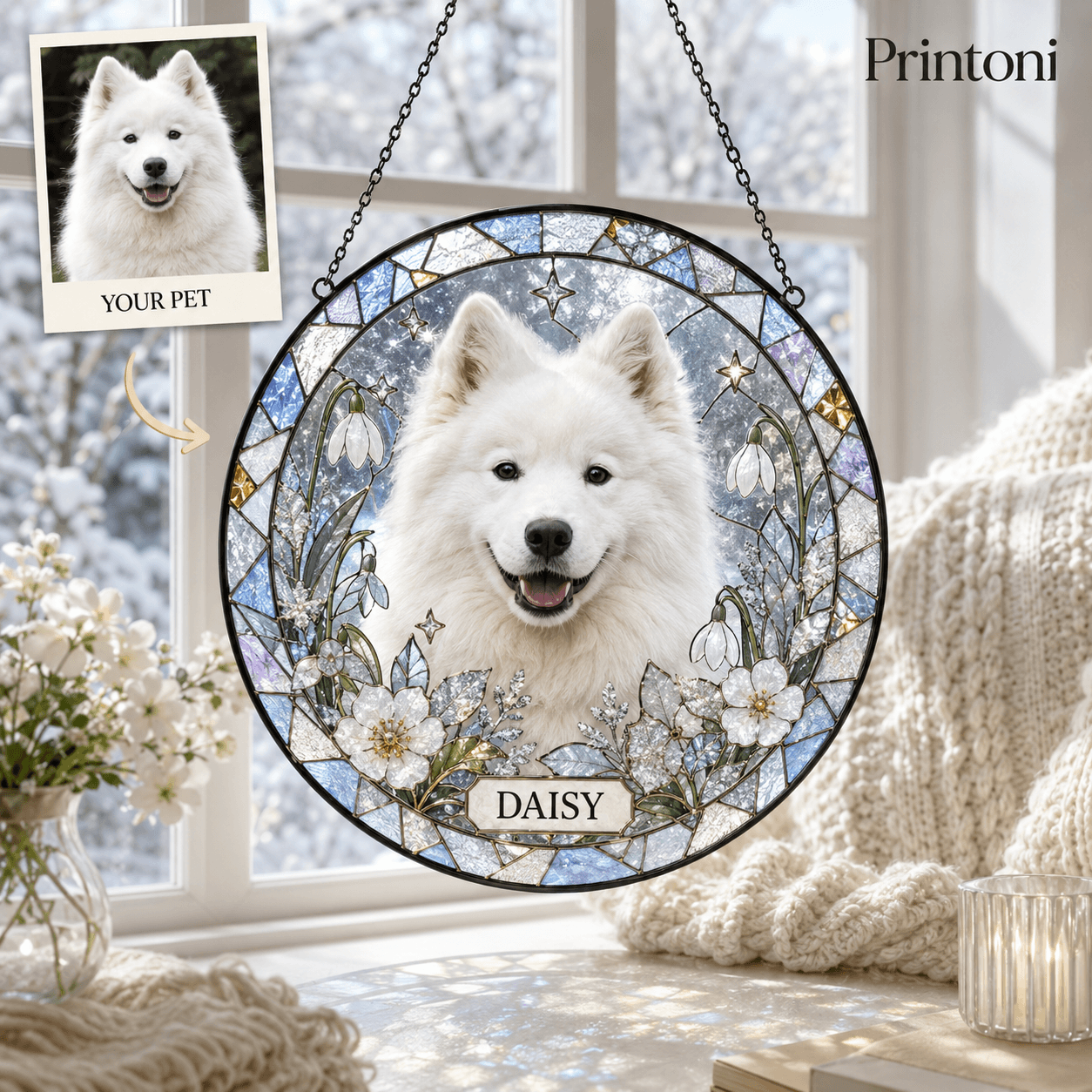 Custom Pet Suncatcher from Photo, Personalized Stained Glass Style Dog Cat Window Hanging with Name, Pet Memorial Gift, Pet Lover Gift