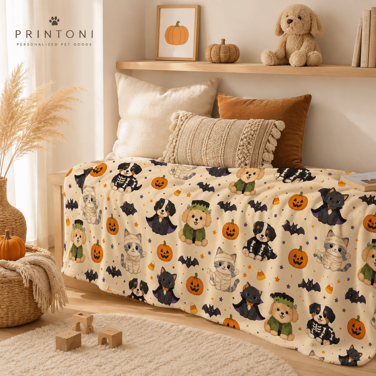 Custom Halloween Pet Blanket from Photo, Personalized Dog Cat Face & Name Throw, Spooky Pet Costume Blanket, Pet Lover Gift