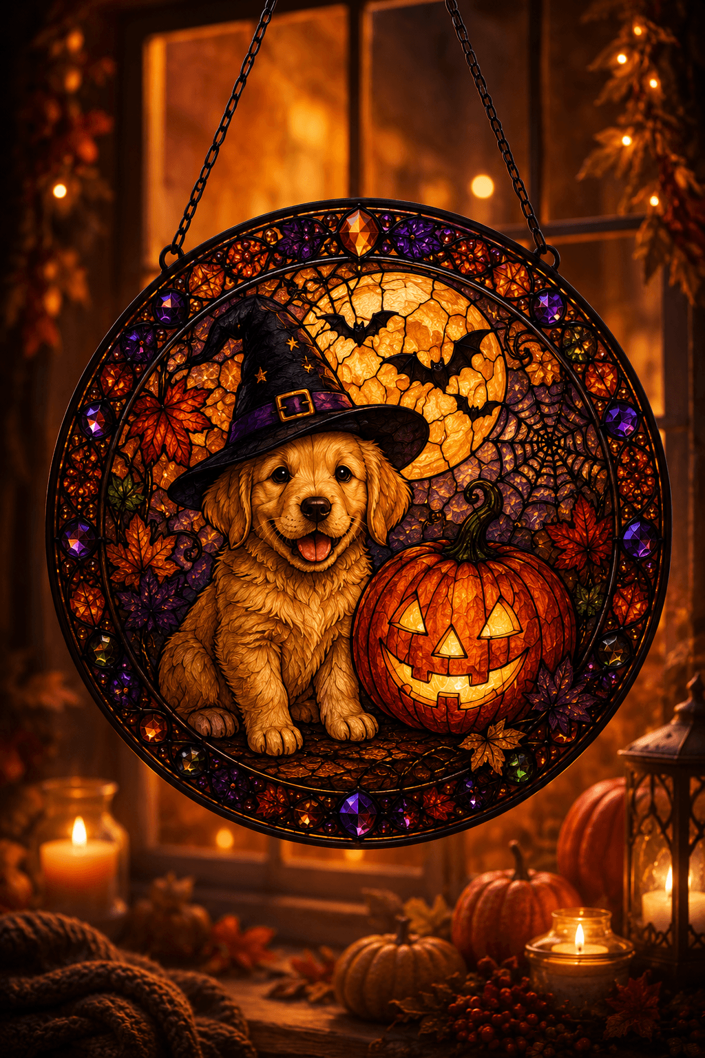 Halloween Dog Suncatcher, Stained Glass Style Puppy Witch Window Hanging, Fall Acrylic Sun Catcher, Halloween Decor Dog Lover Gift