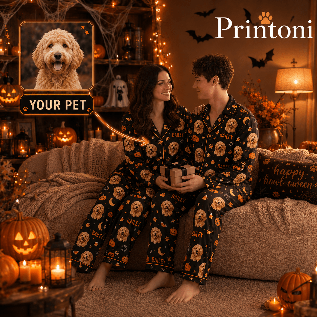 Custom Halloween Pet Pajamas from Photo, Personalized Dog Cat Face & Name PJs, Matching Couple Spooky Pajama Set, Pet Lover Gift