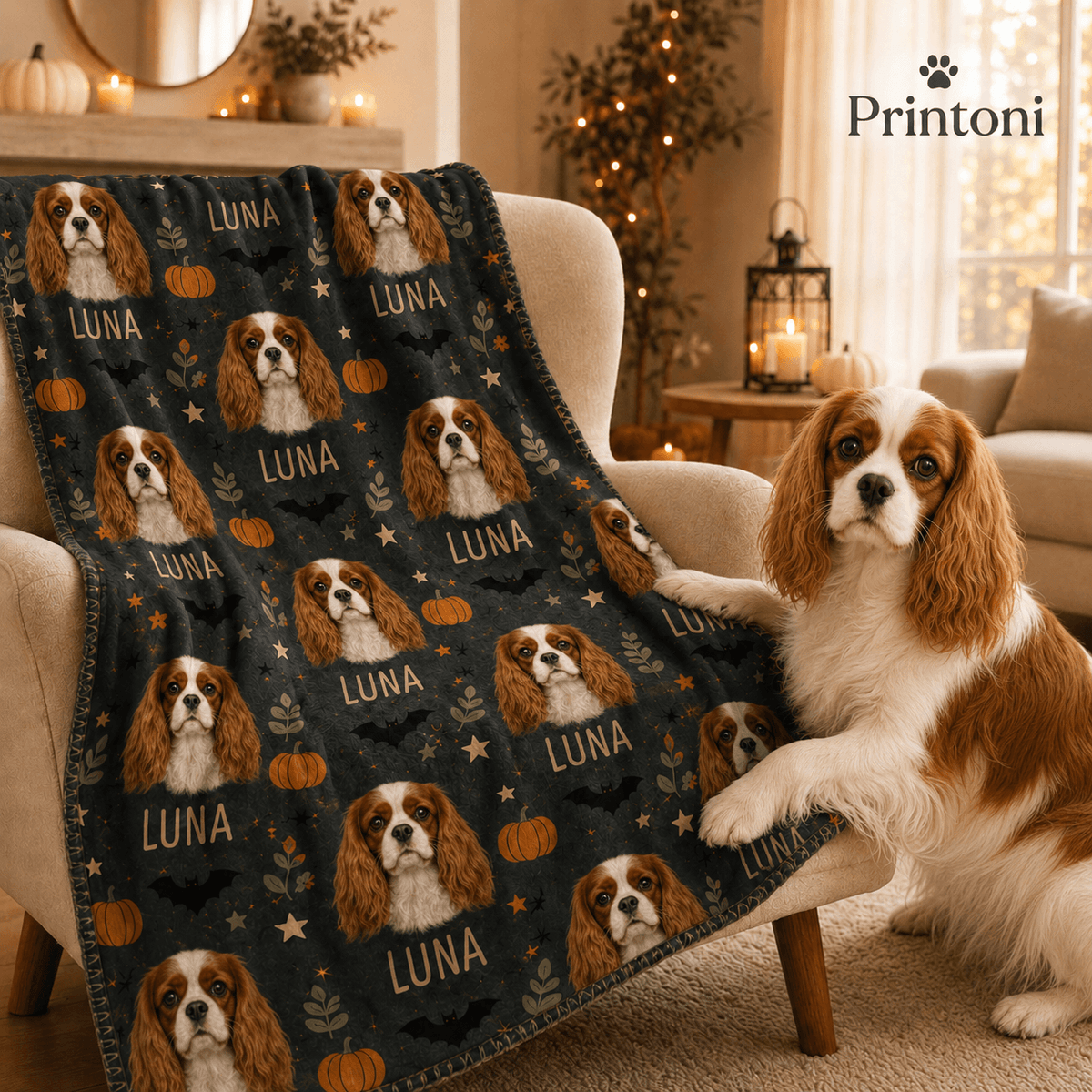 Custom Dog Blanket from Photo, Personalized Halloween Pet Name Blanket, Fall Gift for Dog Lovers