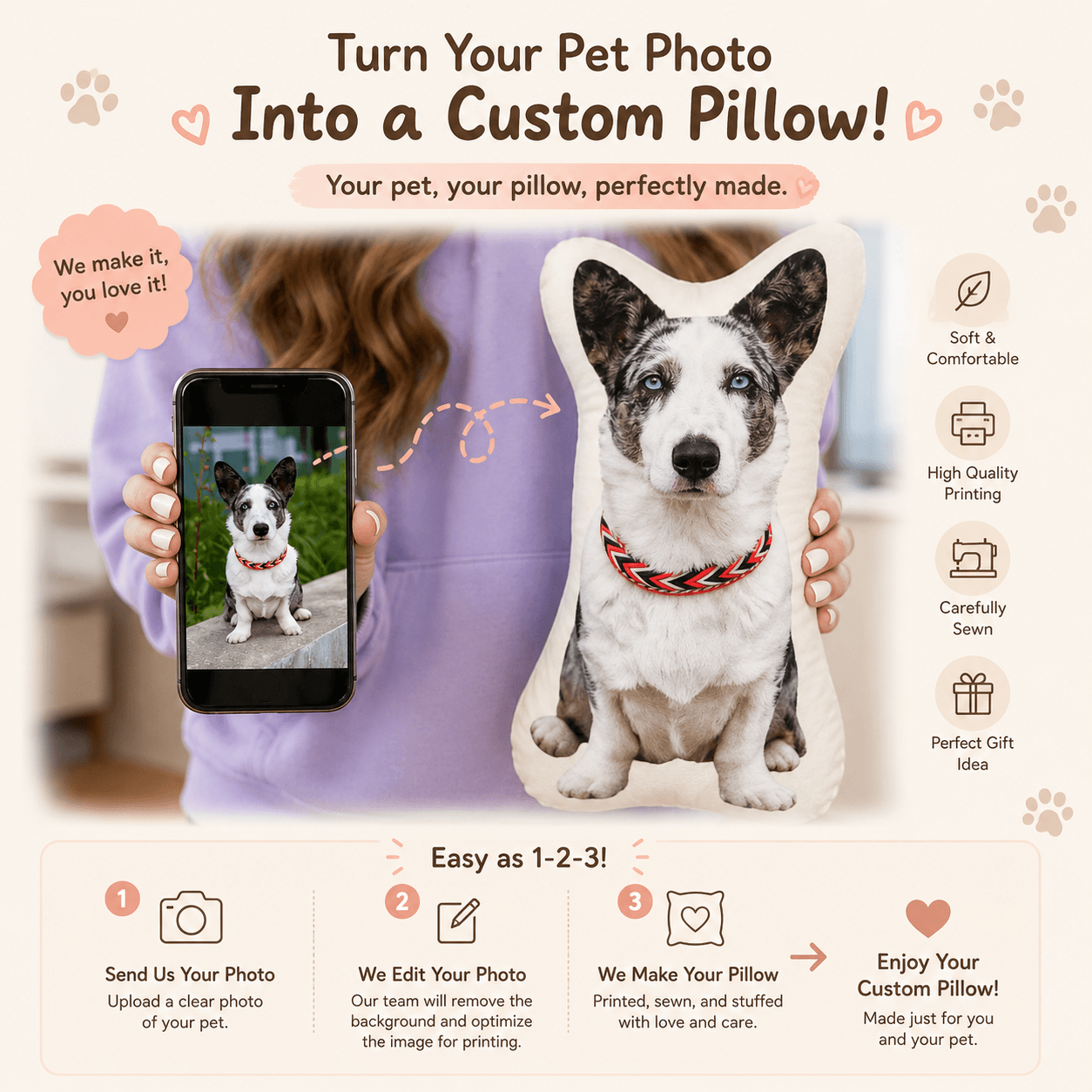 Custom Pet Photo Pillow – Turn Your Dog Cat Photo into a Huggable Keepsake Gift
