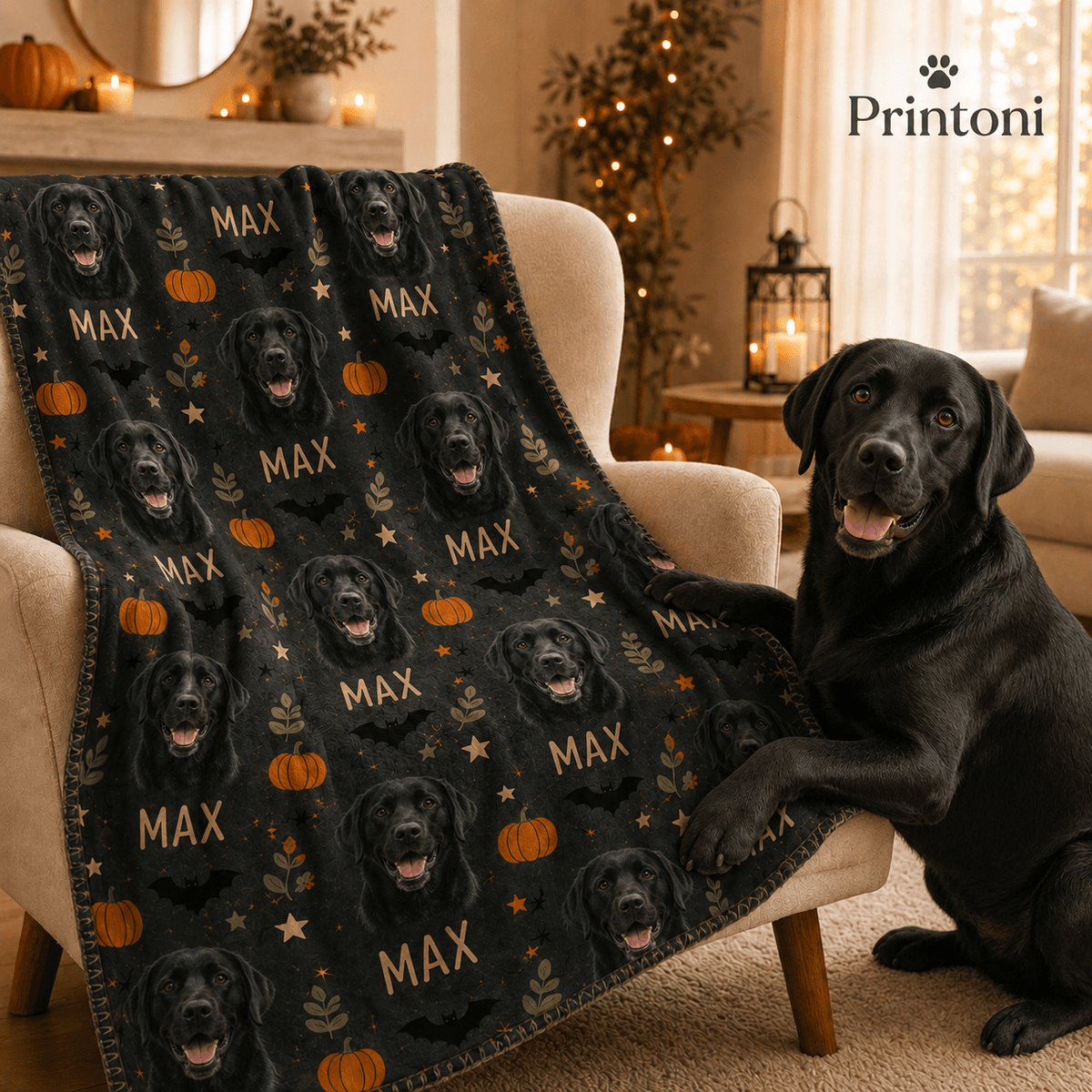 Custom Dog Blanket from Photo, Personalized Halloween Pet Name Blanket, Fall Gift for Dog Lovers