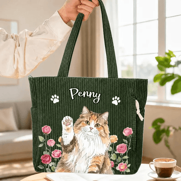 Custom Pet Corduroy Tote Bag with Name, Personalized Dog & Cat Portrait Bag, Pet Lover Gift