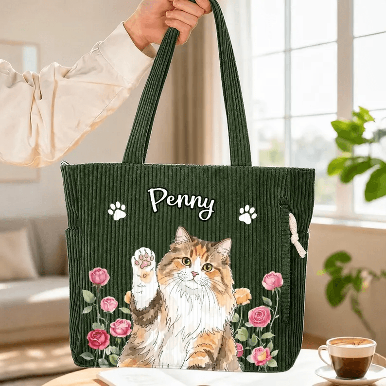 Custom Pet Corduroy Tote Bag with Name, Personalized Dog & Cat Portrait Bag, Pet Lover Gift