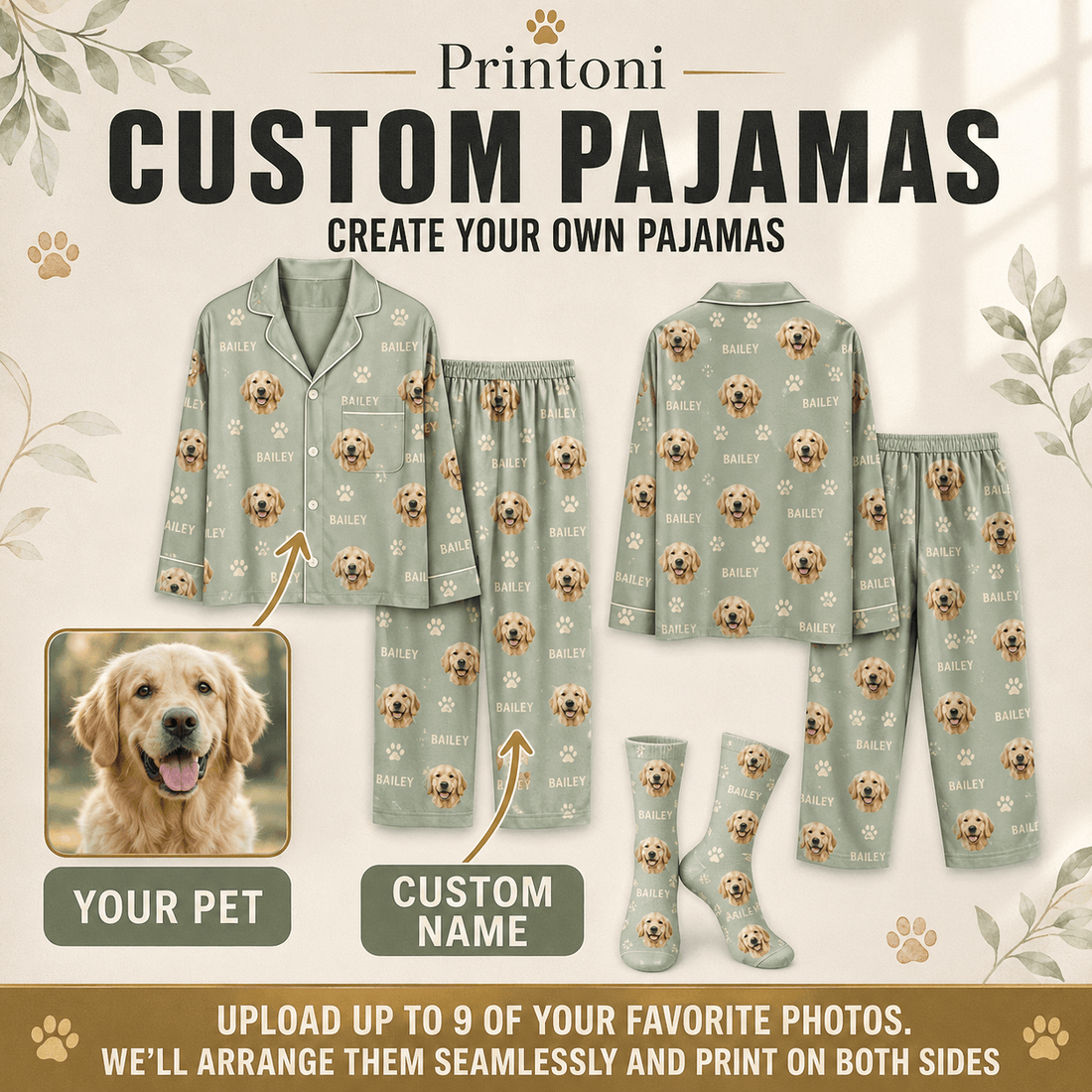Custom Pet Pajamas from Photo, Personalized Dog Cat Face & Name Pajama Set, Matching Couple Family PJs, Pet Lover Christmas Gift