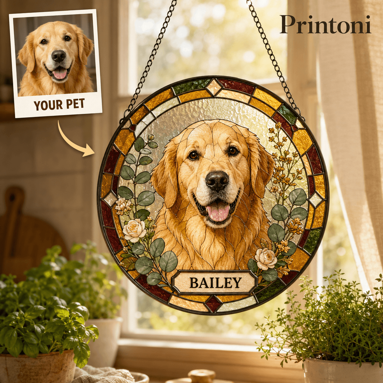 Custom Pet Suncatcher from Photo, Personalized Stained Glass Style Dog Cat Window Hanging with Name, Pet Memorial Gift, Pet Lover Gift