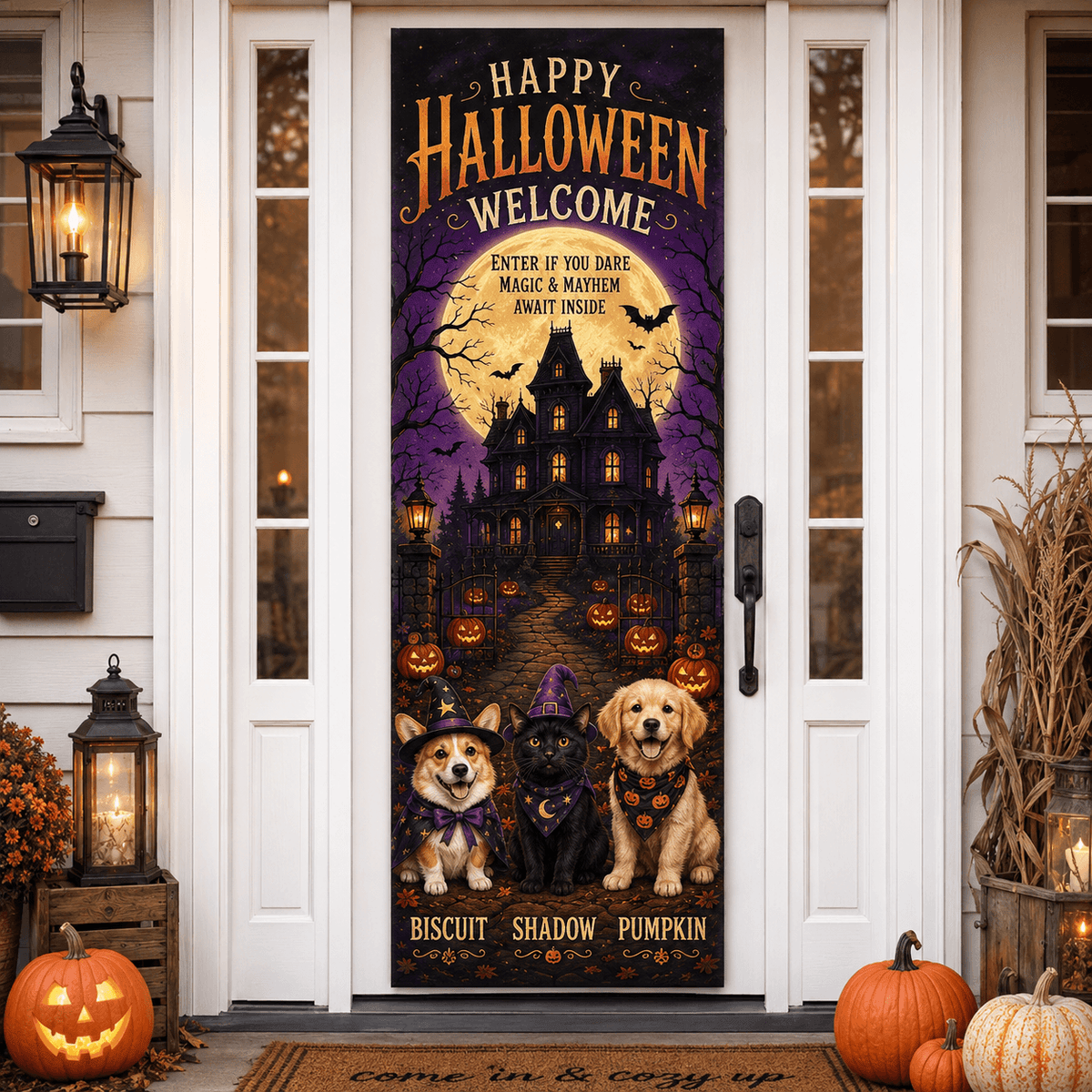 Custom Halloween Pet Door Cover with Names, Personalized Dog Cat Halloween Door Banner, Spooky Porch Decor, Pet Lover Halloween Gift