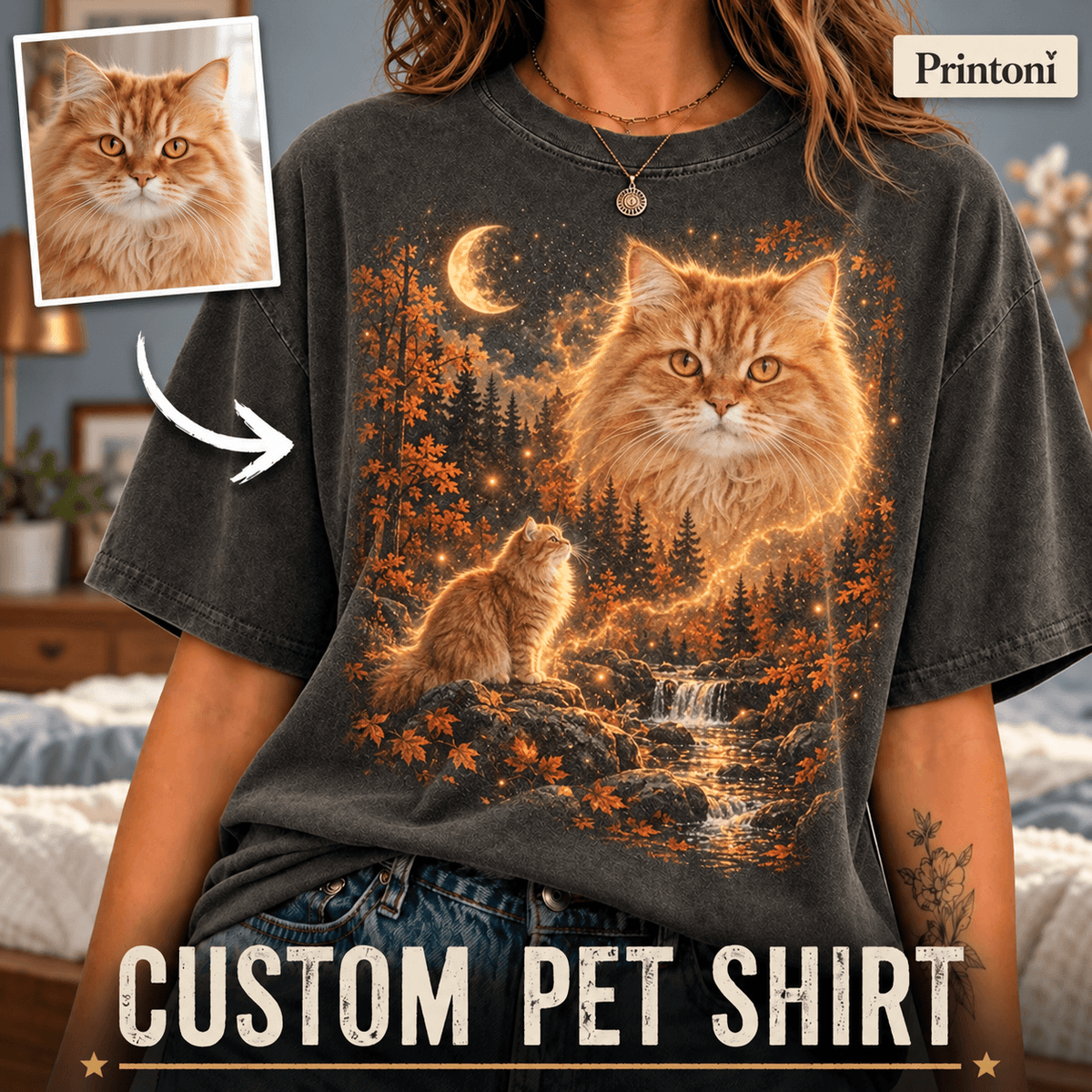 Custom Pet Shirt from Photo, Personalized Mystical Cat T-Shirt, Celestial Pet Portrait Gift for Cat Lovers
