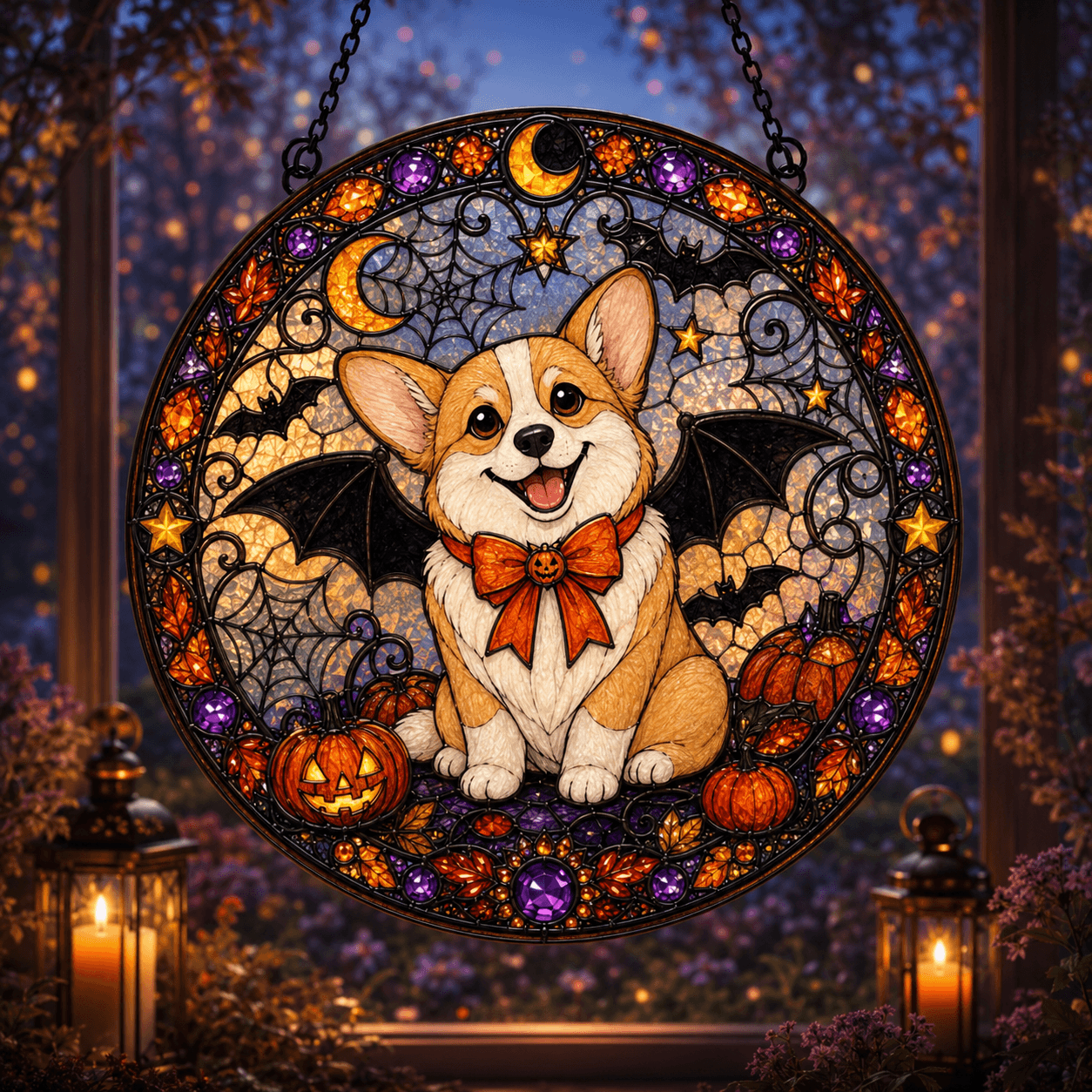 Halloween Dog Suncatcher, Stained Glass Style Puppy Witch Window Hanging, Fall Acrylic Sun Catcher, Halloween Decor Dog Lover Gift