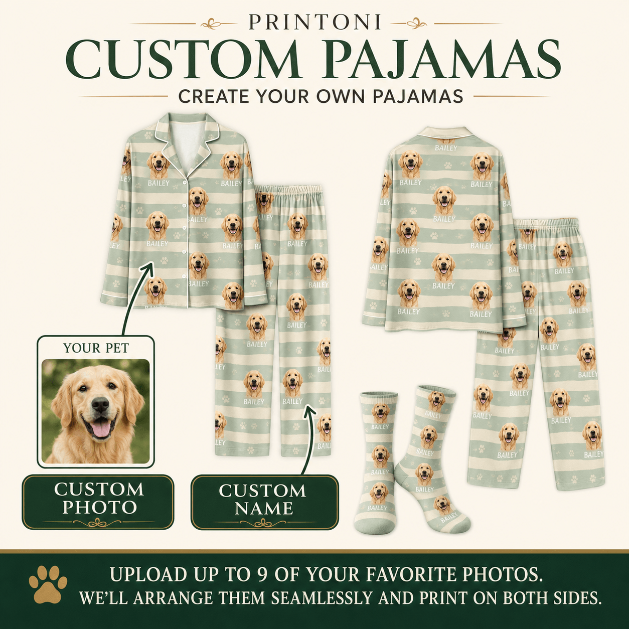 Custom Pet Photo Pajamas, Personalized Matching Pajama Set with Name, Pet Lover Gift