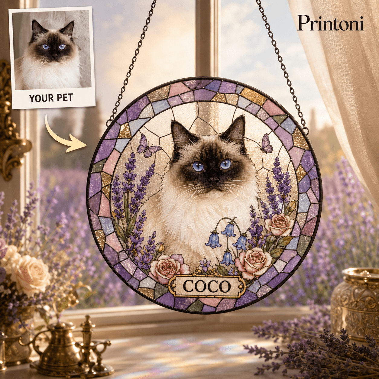 Custom Pet Suncatcher from Photo, Personalized Stained Glass Style Dog Cat Window Hanging with Name, Pet Memorial Gift, Pet Lover Gift