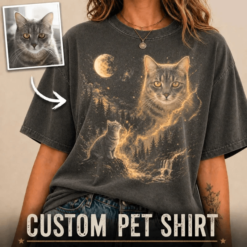 Custom Pet Shirt from Photo, Personalized Mystical Cat T-Shirt, Celestial Pet Portrait Gift for Cat Lovers