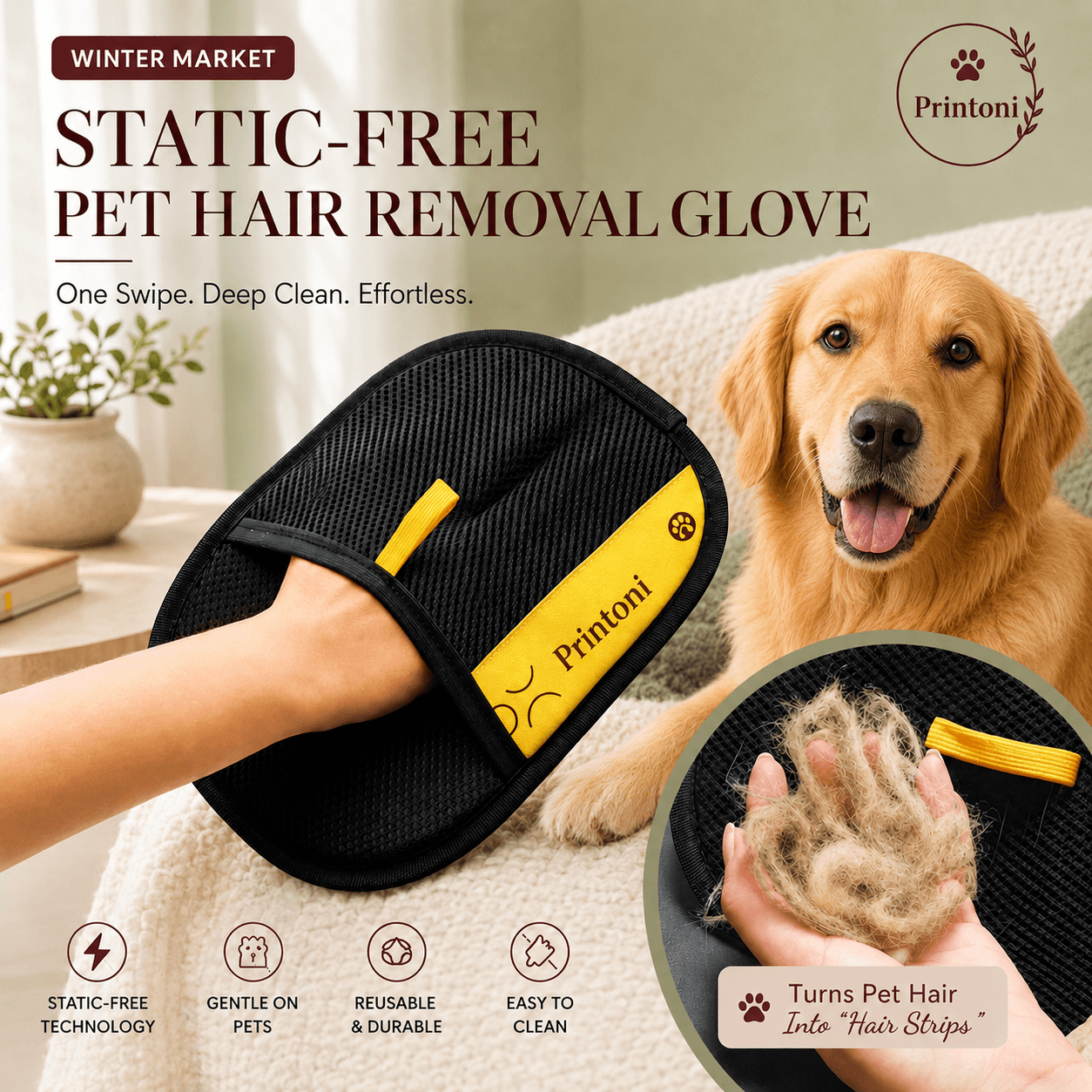 Static-Free Pet Hair Removal Glove, Reusable Deshedding Mitt for Dogs & Cats, Pet Grooming Gift