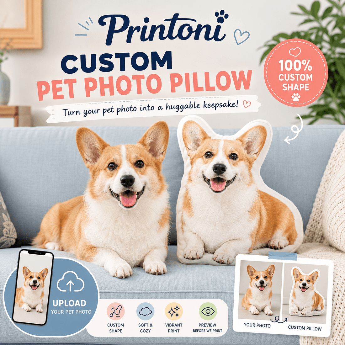 Custom Pet Photo Pillow – Turn Your Dog Cat Photo into a Huggable Keepsake Gift