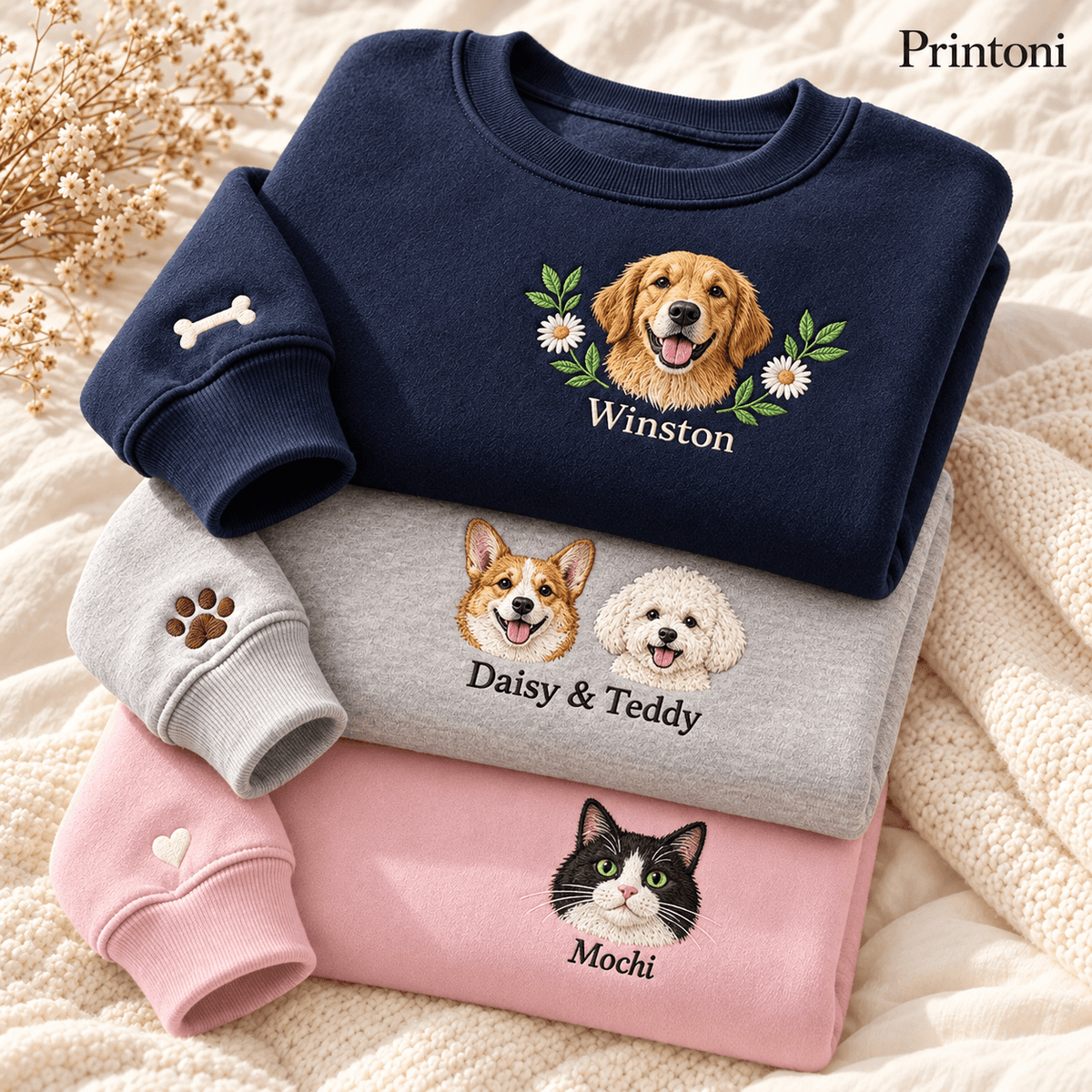 Custom Embroidered Pet Sweatshirt from Photo, Personalized Dog & Cat Name Crewneck, Pet Lover Gift