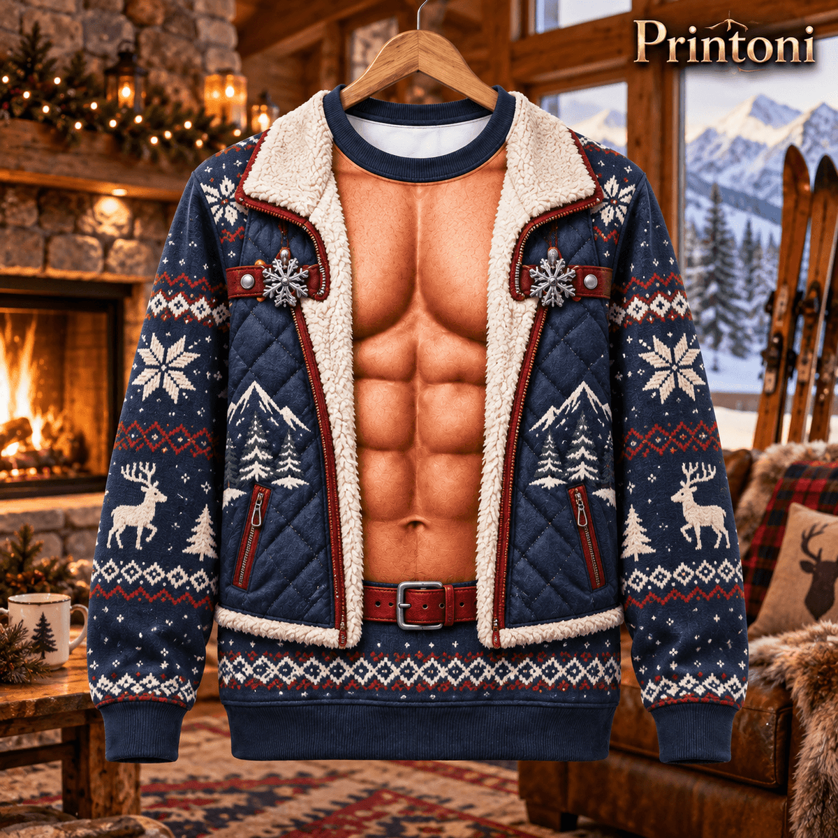 Couples Ugly Christmas Sweater Set, Funny Mrs Claus & Muscle Elf Costume Print, His and Hers Matching Xmas Sweaters