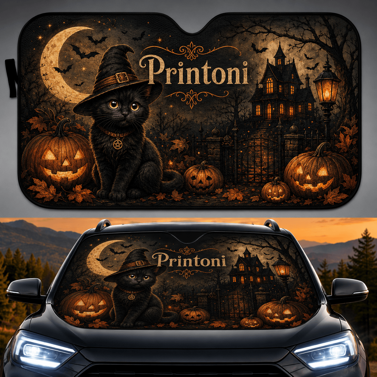 Custom Halloween Pet Car Sun Shade from Photo, Personalized Dog Cat Windshield Sunshade, Spooky Pet Lover Car Accessory Gift