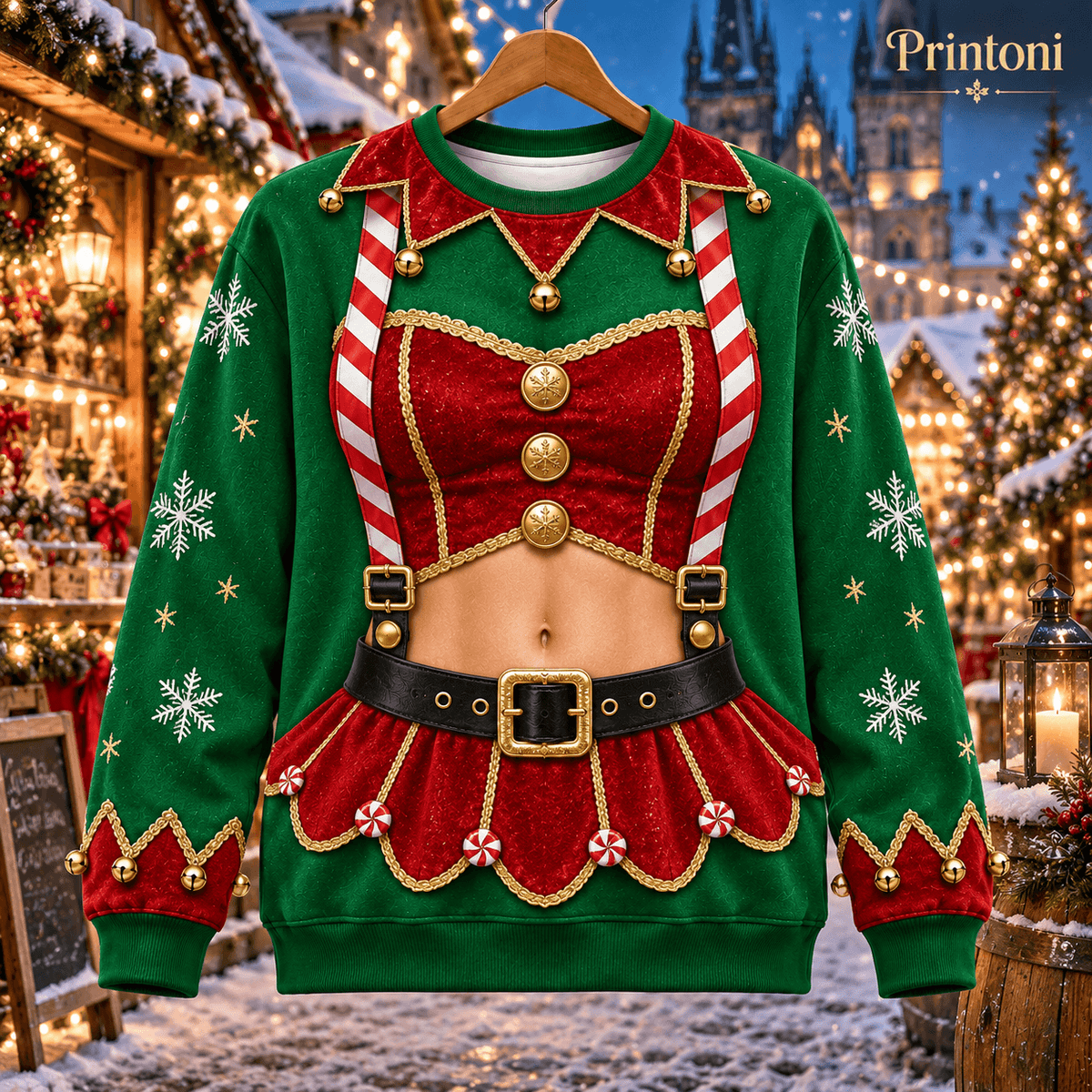 Couples Ugly Christmas Sweater Set, Funny Mrs Claus & Muscle Elf Costume Print, His and Hers Matching Xmas Sweaters